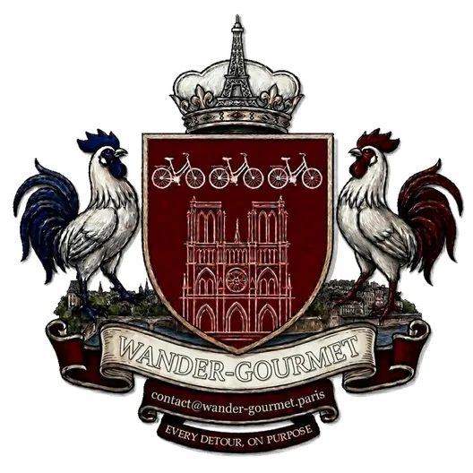Blason de Wander Gourmet : couronne surmontée de la tour Eiffel, écu bordeaux frappé de trois vélos et de Notre-Dame, encadré de deux coqs.