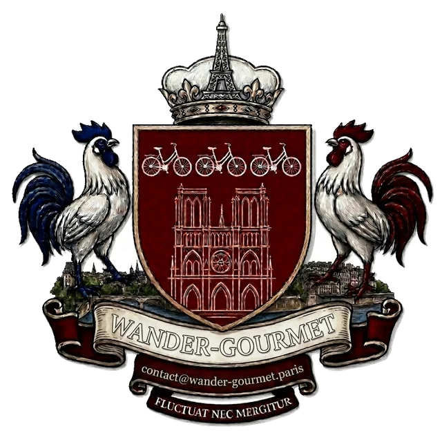 Blason de Wander Gourmet : couronne surmontée de la tour Eiffel, écu bordeaux frappé de trois vélos et de Notre-Dame, encadré de deux coqs, devise Fluctuat nec mergitur.